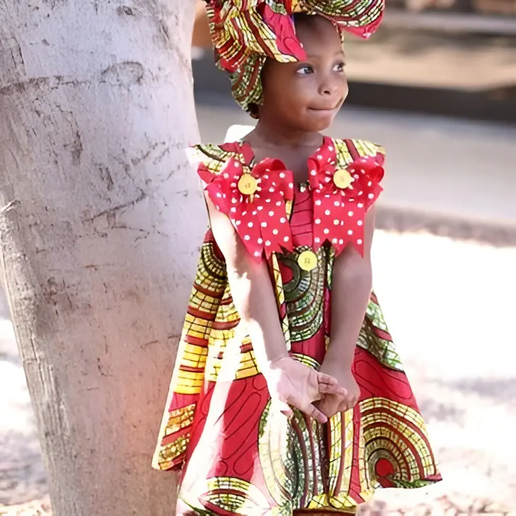 Child in colorful dress and headwrap outdoors.