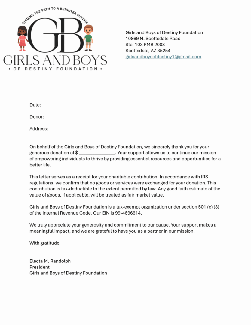 Letter from Girls and Boys of Destiny Foundation.