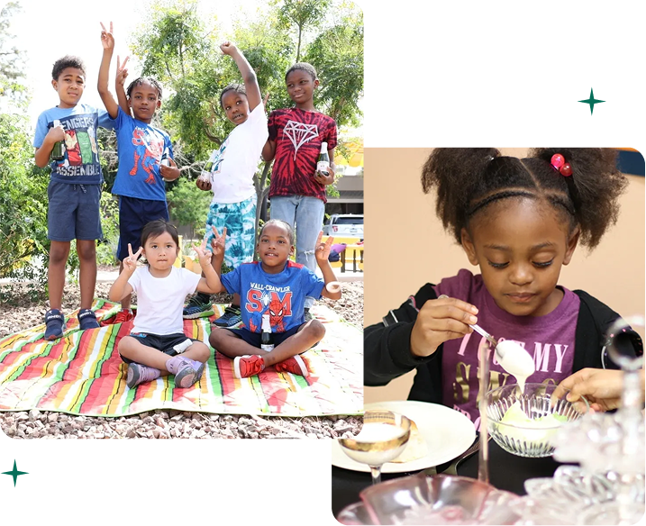 Children enjoying outdoor activities and indoor crafting.
