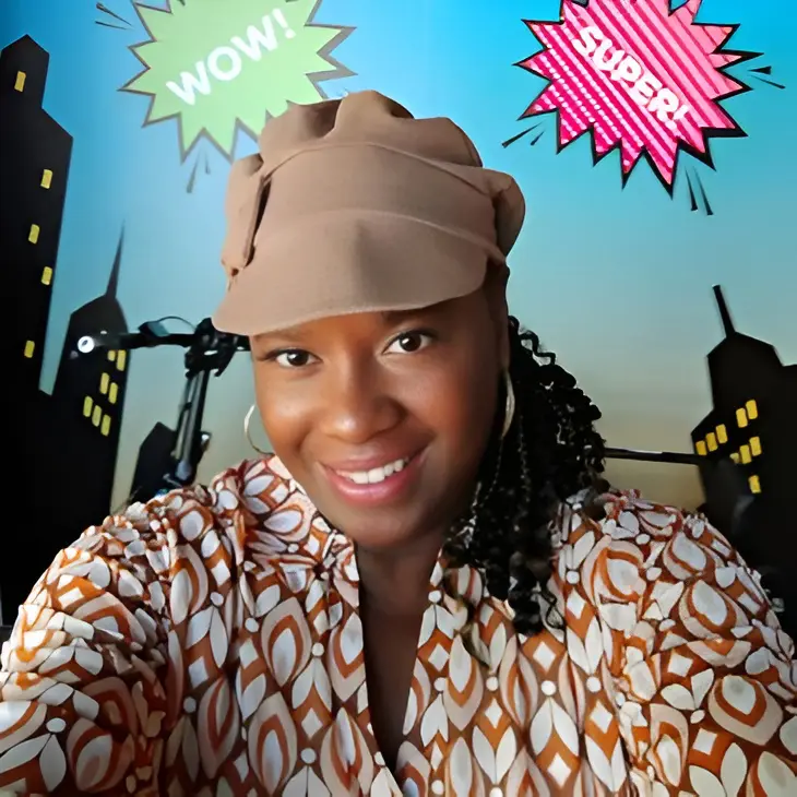 Smiling person with comic-style city background.