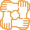 Four orange hands interlocking to form a square, symbolizing unity.