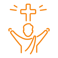 Orange icon of person with raised arms and cross above.